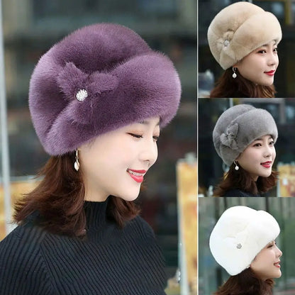 Women's rabbit fur hat with floral decoration, various colors