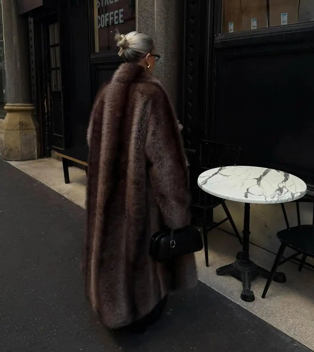 Long luxurious faux fur coat for women, lapel collar, long model