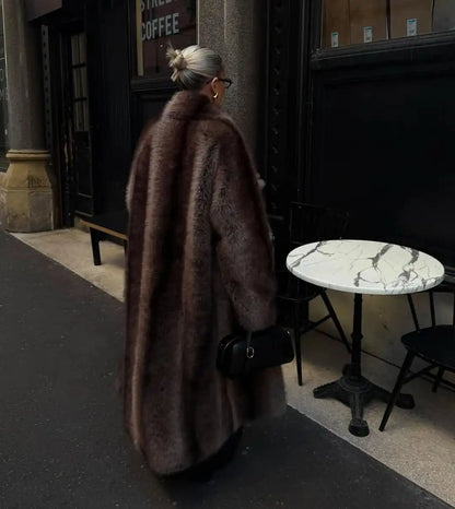 Long luxurious faux fur coat for women, lapel collar, long model