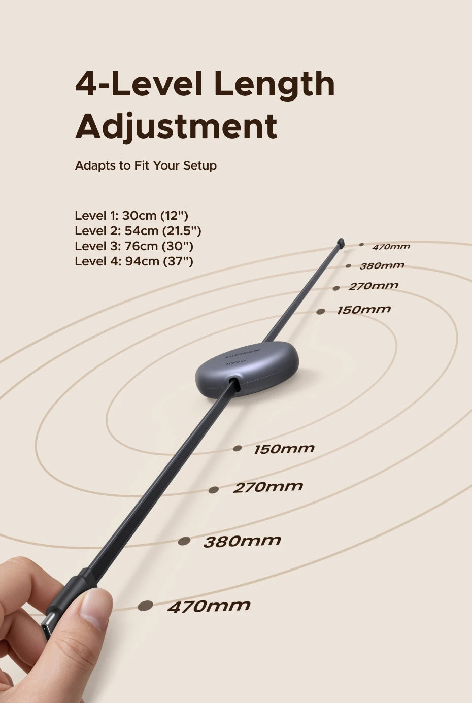 UGREEN Sisäänvedettävä USB-C Kaapeli 100W PD - MacBook, iPad, iPhone Pikalataus