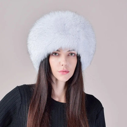 Women's genuine fox fur hat with earflaps, thick luxury winter hat