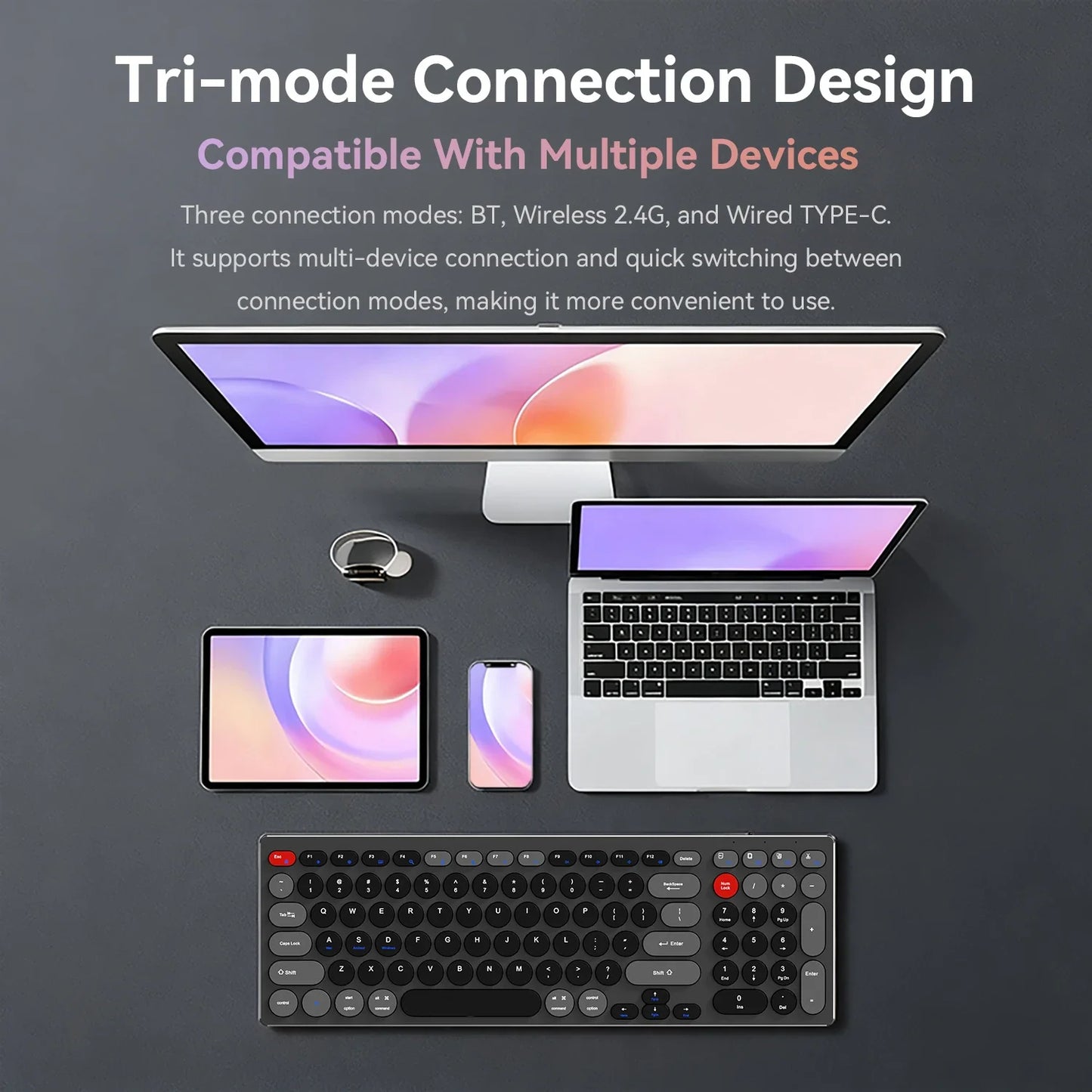 Hiljainen alumiininäppäimistö, kolme yhteystilaa, ergonominen, ohut