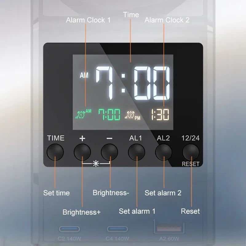 240W Langaton Latausasema – All-in-One Digitaalikello, Herätyskello ja Pikalataus
