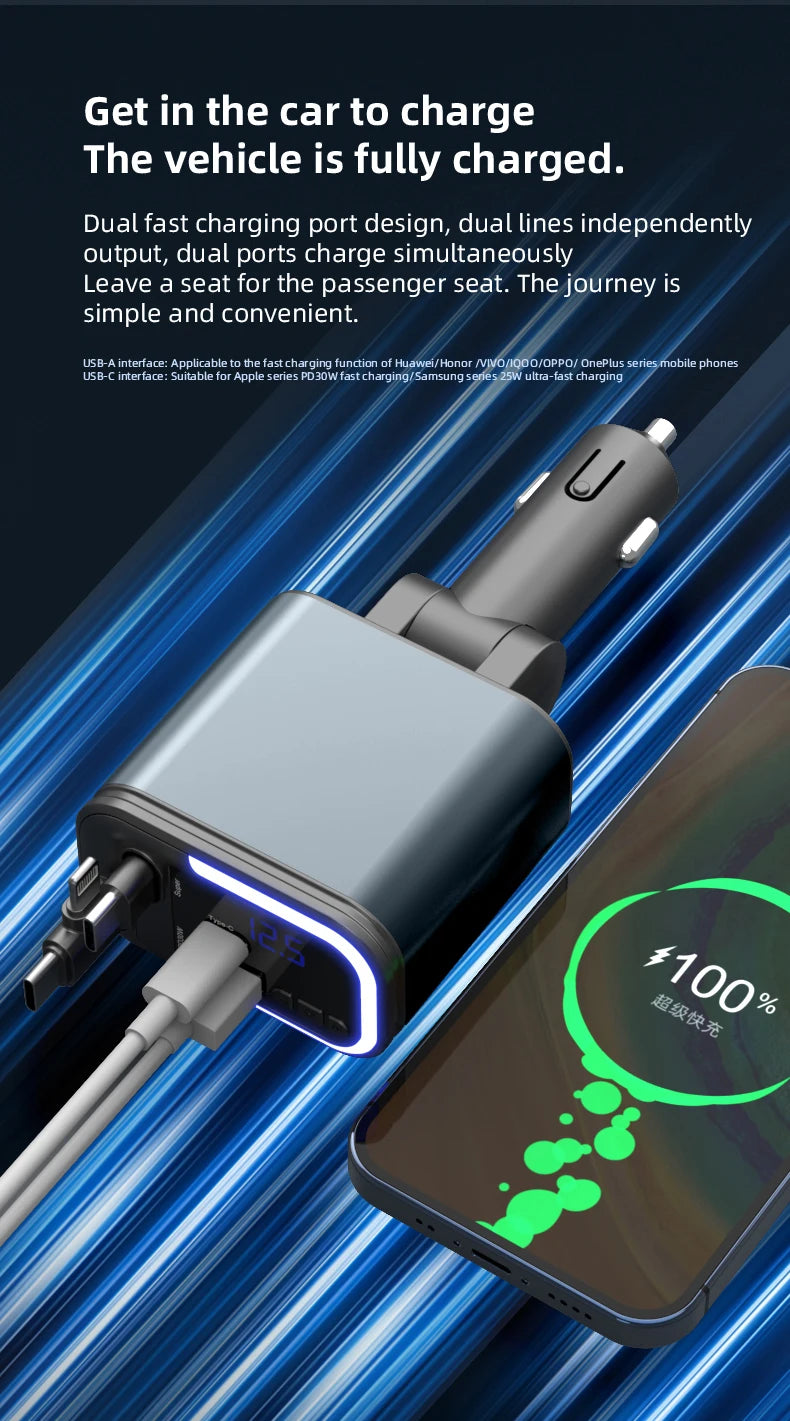 5-in-1 180W Autolaturi – Bluetooth 5.0 FM-lähetin, Pikalataus ja LED-valaistus