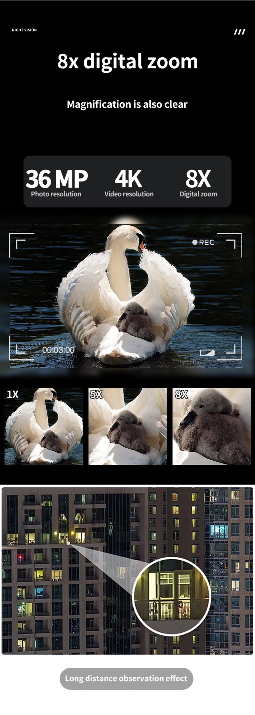 Ponbos NV2180 4K UHD Taktinen Yönäkökiikarit - 36MP Kamera, 8x Zoom, Infrapuna Metsästykseen ja Retkeilyyn