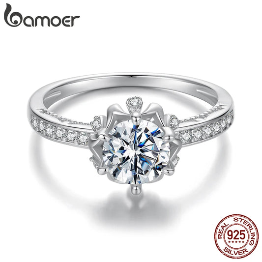 BAMOER Flower Moissanite Ring, 925 Silver, Moissanite Stone in the Center