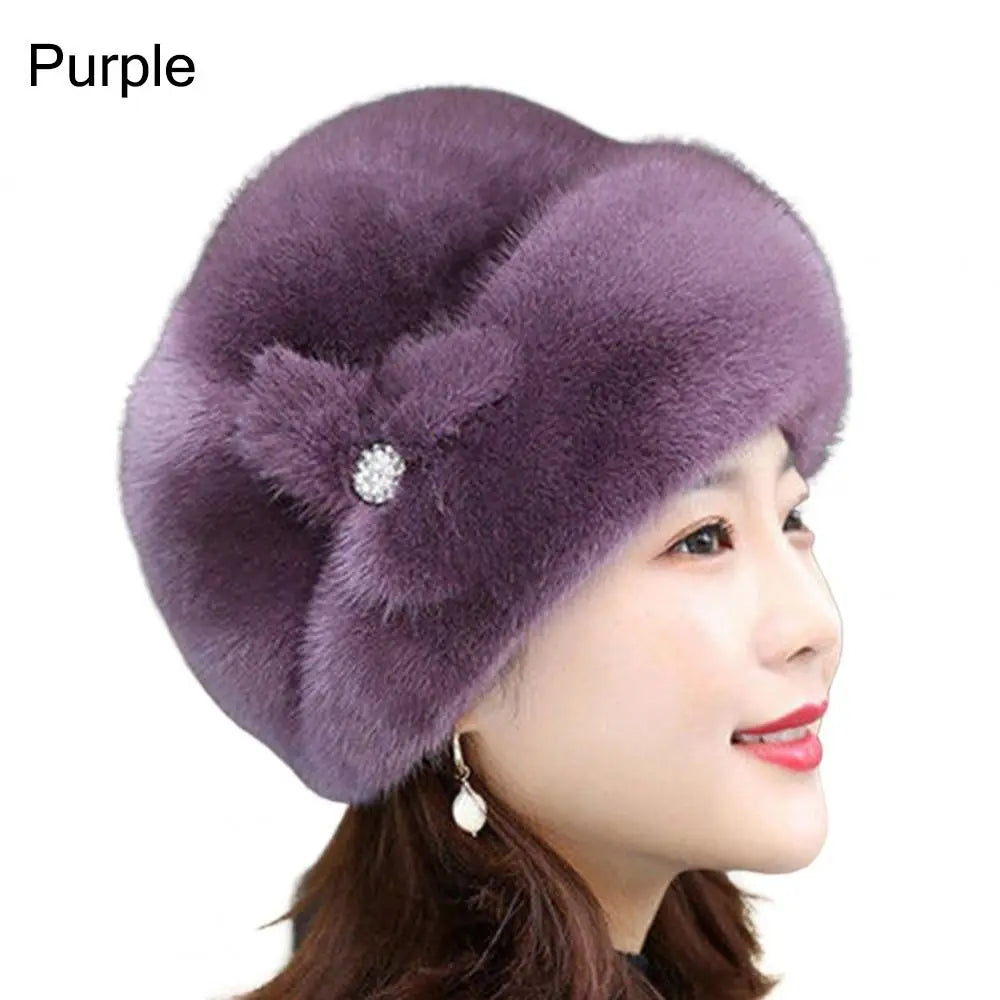 Women's rabbit fur hat with floral decoration, various colors