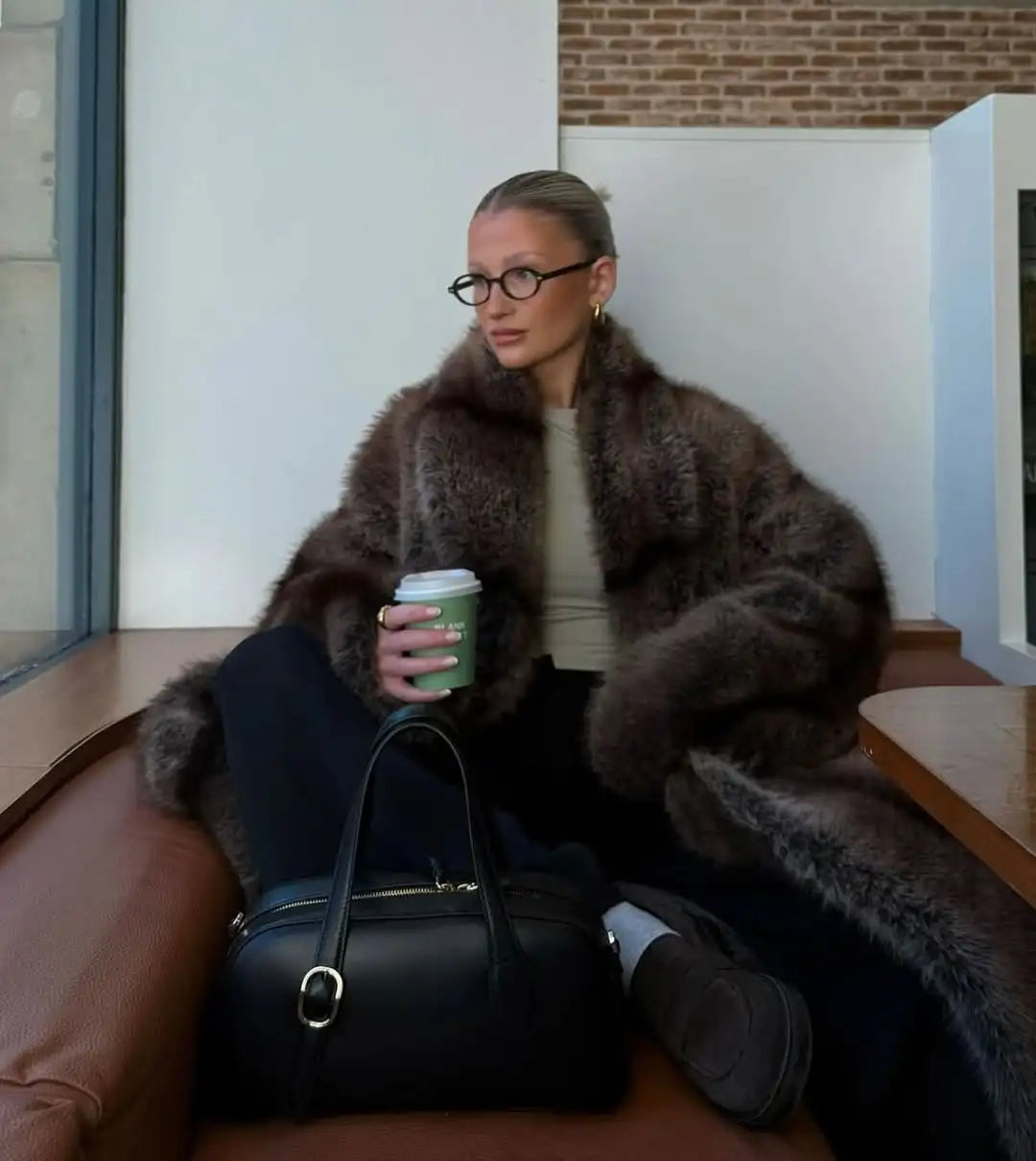 Long luxurious faux fur coat for women, lapel collar, long model