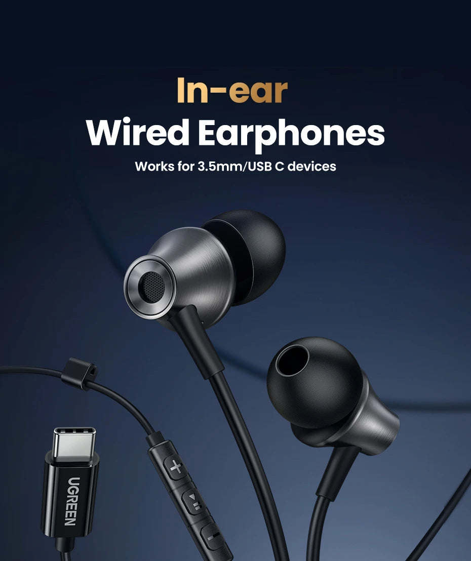 UGREEN USB-C Headphones with Microphone - HiFi Stereo In-Ear Headphones with 3.5mm Jack