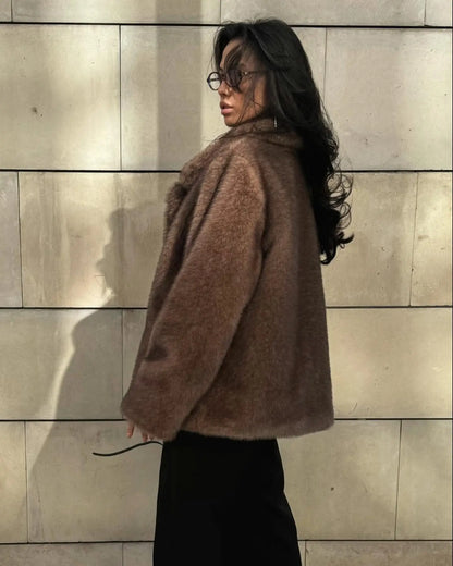Brown mink faux fur coat for women, retro brown color