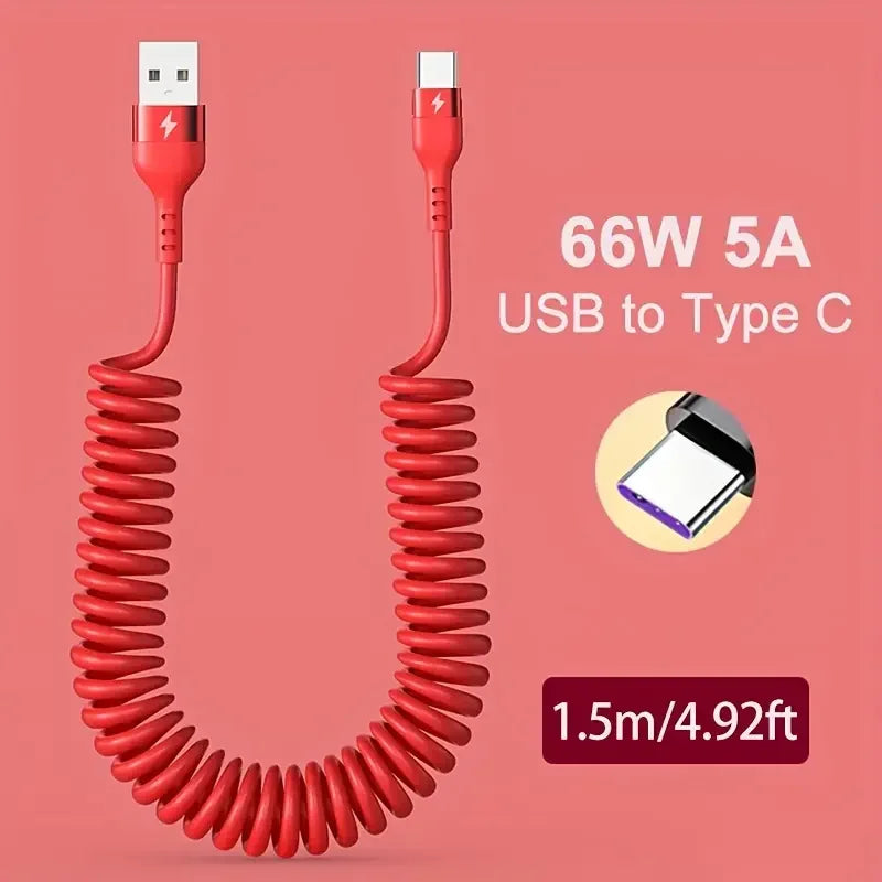66W USB-C Kaapeli Sisäänvedettävä - 5A Pikalataus Type-C Jousimekanismilla