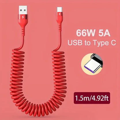 66W USB-C Kaapeli Sisäänvedettävä - 5A Pikalataus Type-C Jousimekanismilla
