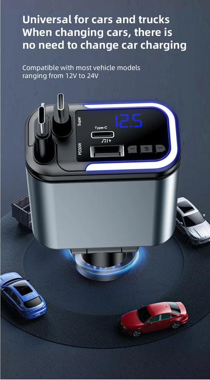 5-in-1 180W Autolaturi – Bluetooth 5.0 FM-lähetin, Pikalataus ja LED-valaistus