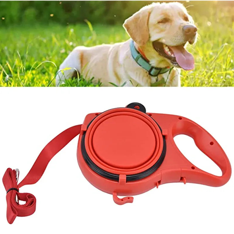 Multi-purpose dog leash, water bottle, bowl and poop bag dispenser