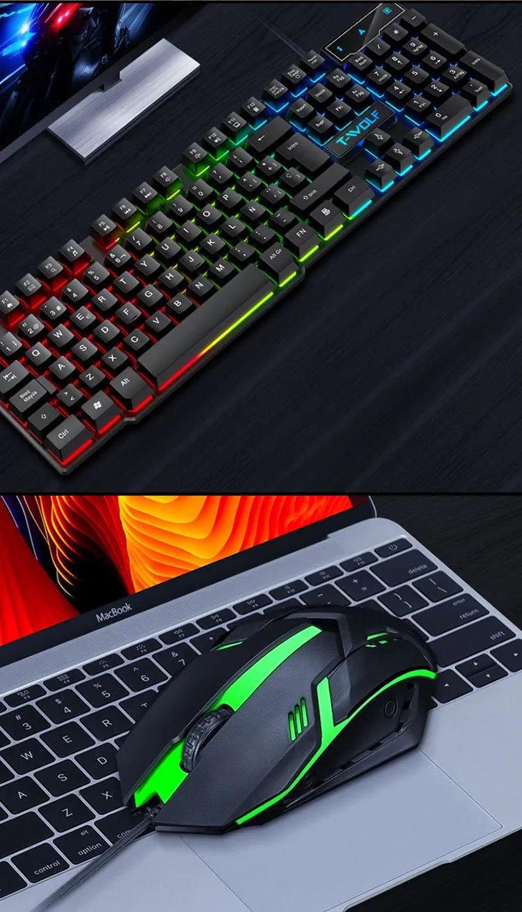 Keyboard and mouse set for gaming, backlit, wired