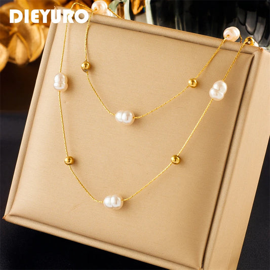 DIEYURO 316L necklace with pearl decorations