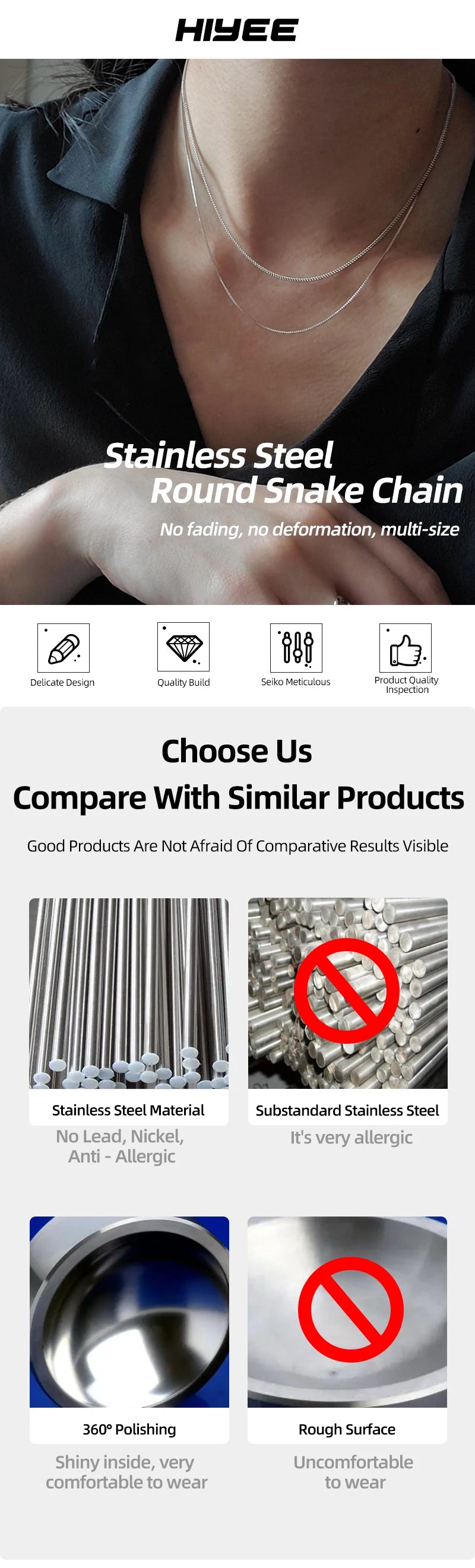 HIYEE Snake Chain Necklace, Classic Unisex Design