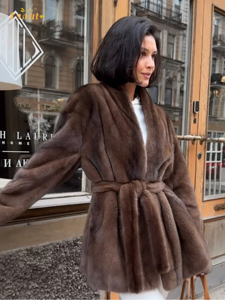 Luxurious faux fur coat for women, stylish lace trim detail