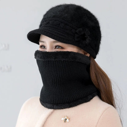 Women's winter hat and scarf set, fur-lined floral knitted hat