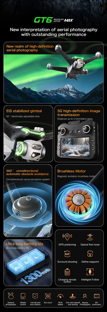 GT6 Max Drone 2025 – 8K Kamera, 5G GPS, 2KM Kantama, Harjaton Moottori – Ammattilaisdroni