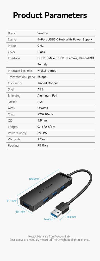Vention USB 3.0 Hub 4 Porttia - Ohut Nopea Jakaja MacBook, PC & Laptop