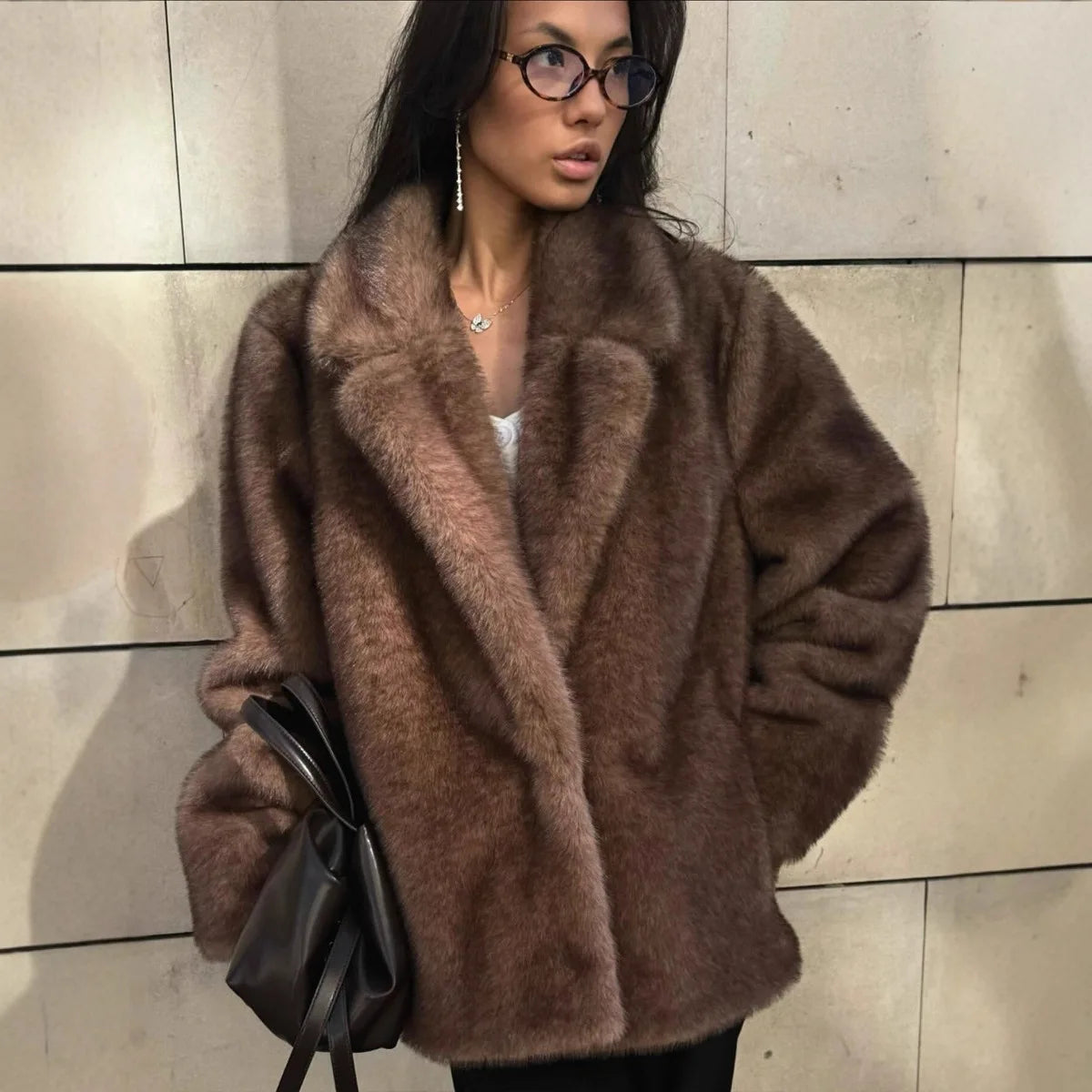 Brown mink faux fur coat for women, retro brown color