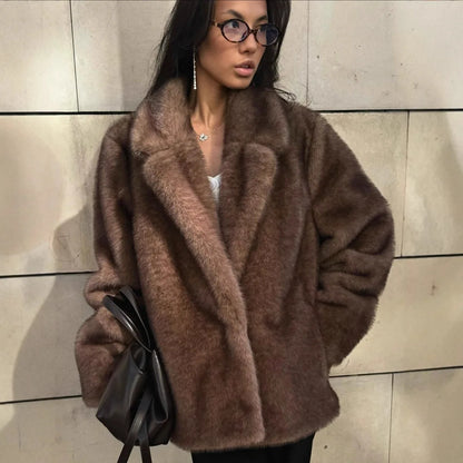 Brown mink faux fur coat for women, retro brown color