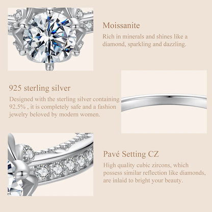 BAMOER Kukka Moissanite -sormus, 925 hopea, moissanite-kivi keskellä