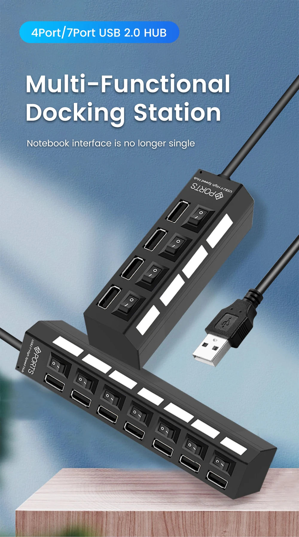 Elough USB 2.0 Hub 4/7 Porttia - Nopea Moniliitäntäinen Jakaja Kytkimellä
