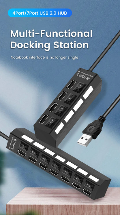 Elough USB 2.0 Hub 4/7 Porttia - Nopea Moniliitäntäinen Jakaja Kytkimellä