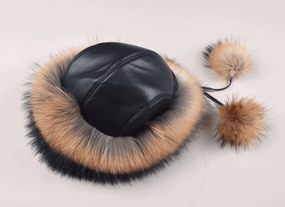 Women's genuine fox fur hat with earflaps, thick luxury winter hat