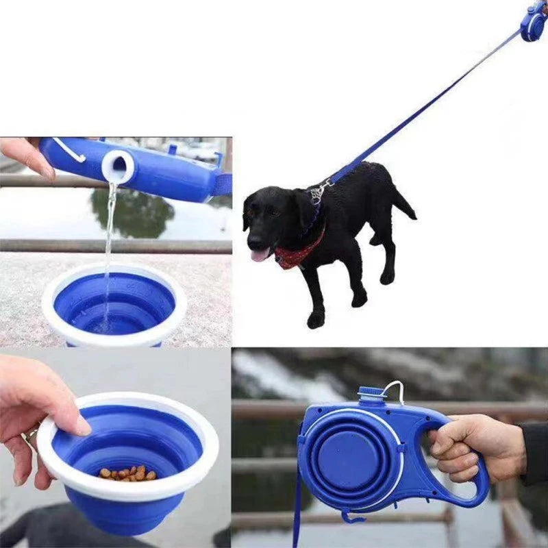 Multi-purpose dog leash, water bottle, bowl and poop bag dispenser
