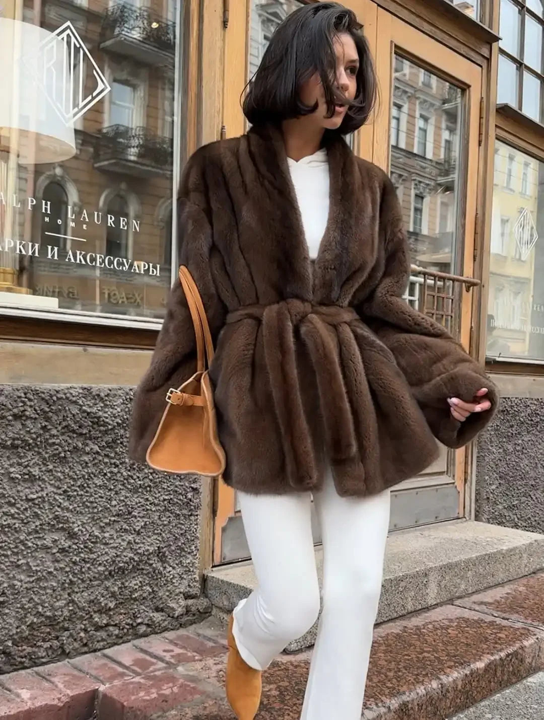 Luxurious faux fur coat for women, stylish lace trim detail