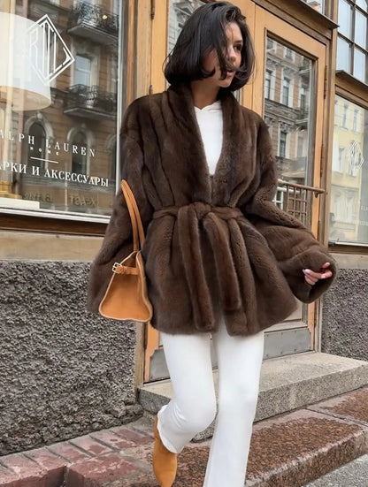 Luxurious faux fur coat for women, stylish lace trim detail