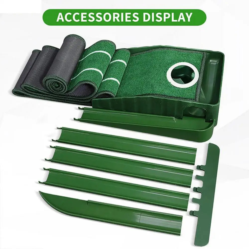 Golf putting practice mat, with guide lines and automatic ball return