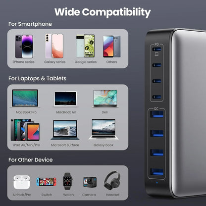 200W Pikalatausasema – 8-porttinen USB-C-keskitin 65W PD-laturilla