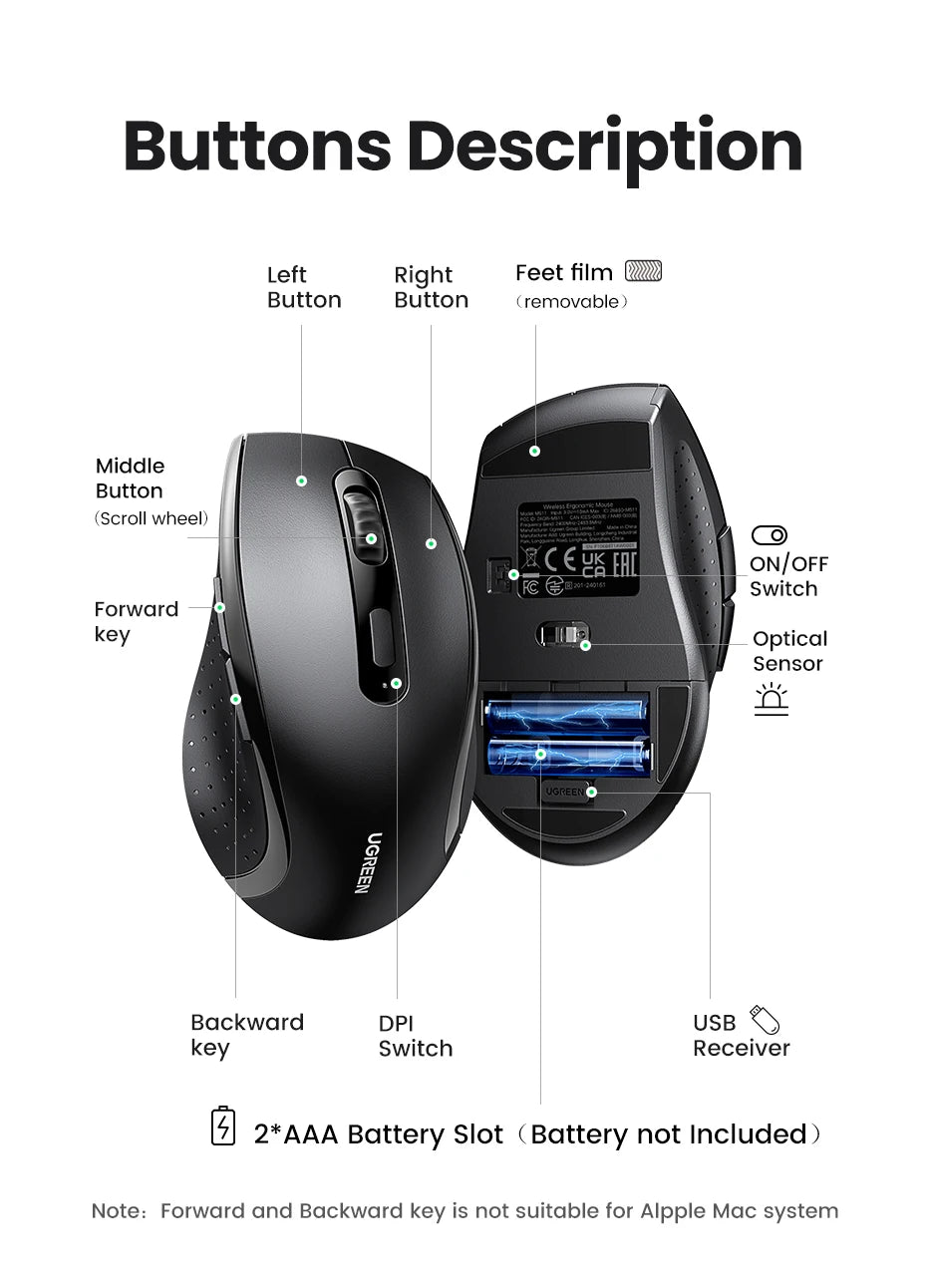 UGREEN Langaton Hiiri 1600DPI - Hiljainen 2.4GHz USB-hiiri PC & MacBook