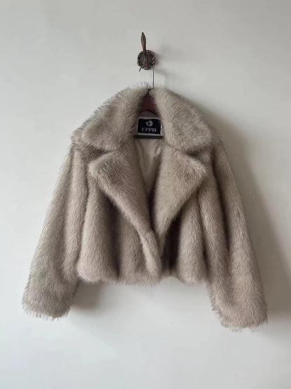 MYMX Faux fur jacket for women, large collar, short model