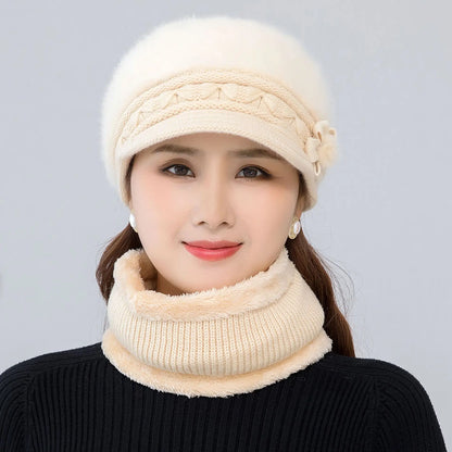 Women's winter hat and scarf set, fur-lined floral knitted hat