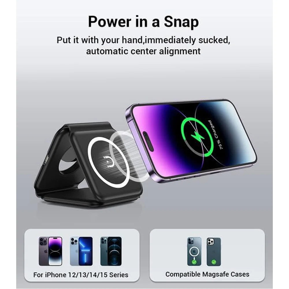 3-in-1 Taitettava Magneettinen Langaton Laturi – Matka- ja Kannettava – iPhone 12-15, AirPods