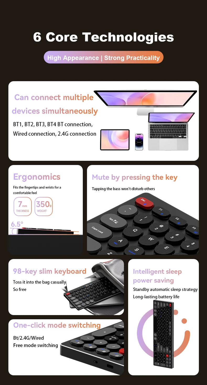 Hiljainen alumiininäppäimistö, kolme yhteystilaa, ergonominen, ohut