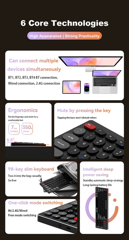 Hiljainen alumiininäppäimistö, kolme yhteystilaa, ergonominen, ohut