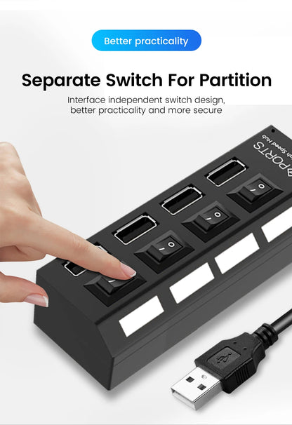 Elough USB 2.0 Hub 4/7 Porttia - Nopea Moniliitäntäinen Jakaja Kytkimellä