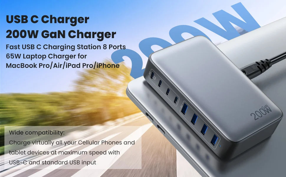 200W Pikalatausasema – 8-porttinen USB-C-keskitin 65W PD-laturilla