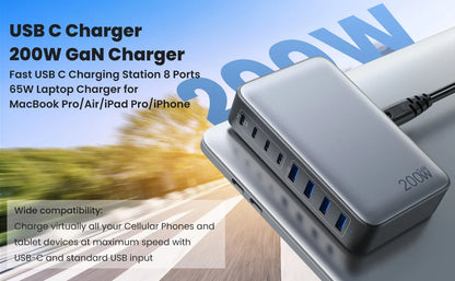 200W Pikalatausasema – 8-porttinen USB-C-keskitin 65W PD-laturilla