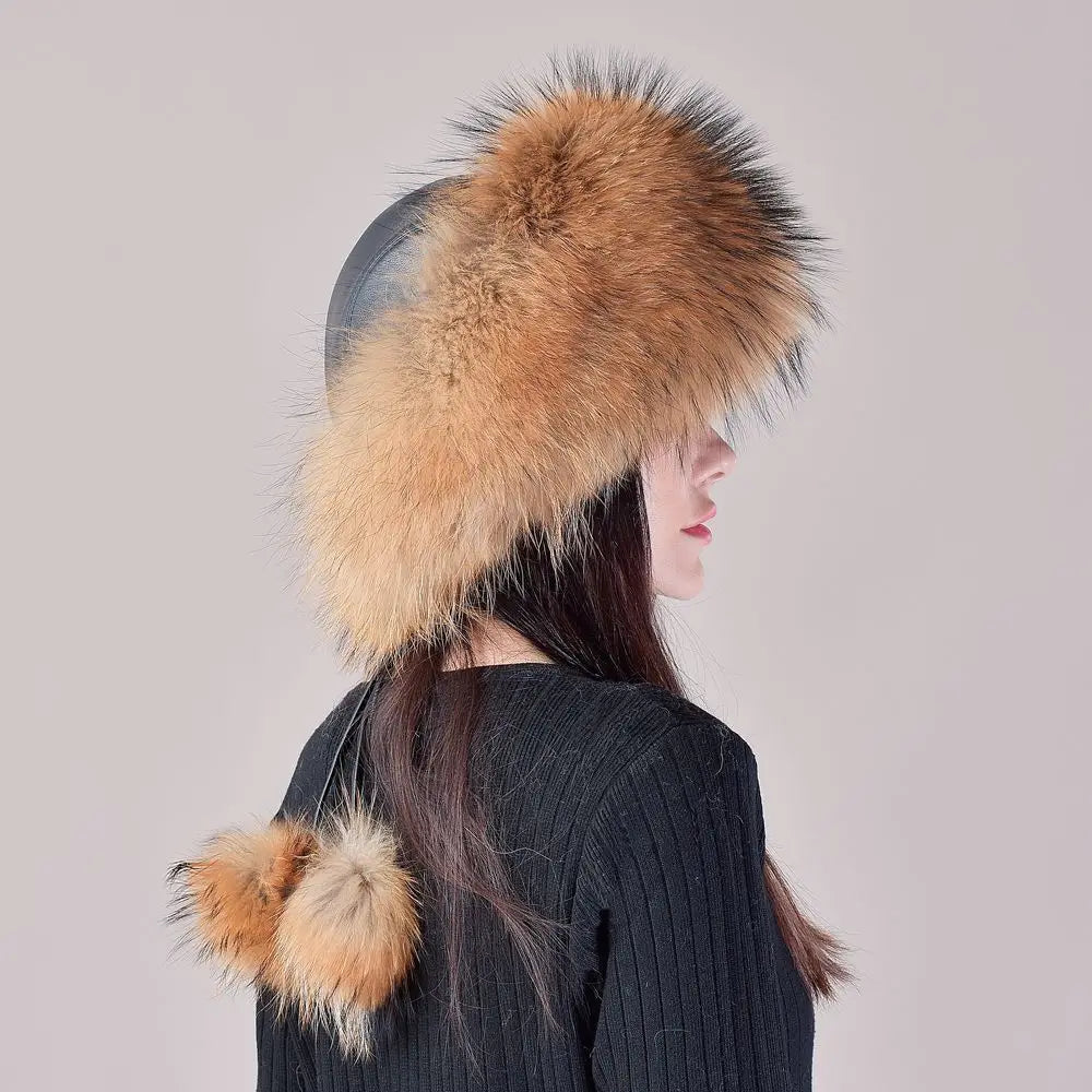 Women's genuine fox fur hat with earflaps, thick luxury winter hat