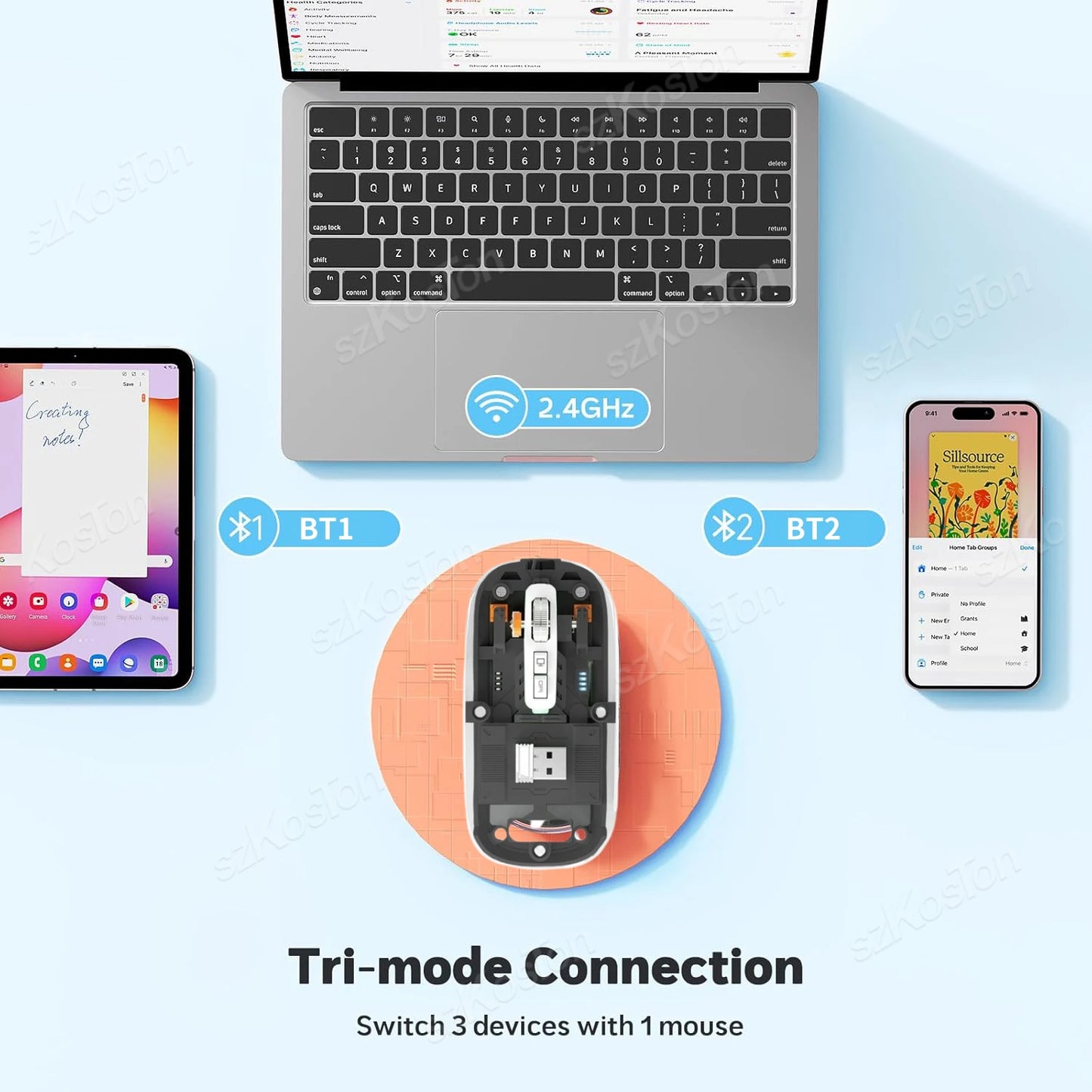 Langaton bluetooth läpinäkyvä pelihiiri, ladattava akku