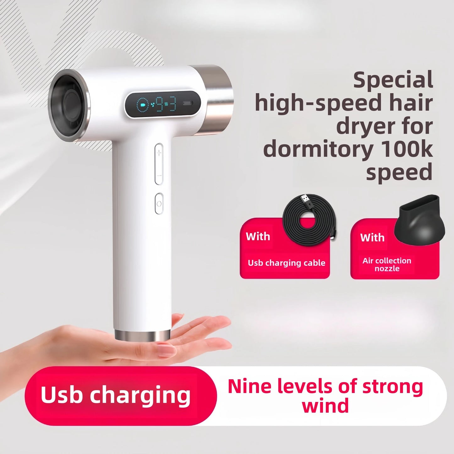 Langaton USB-ladattava Hiustenkuivaaja – Kannettava Nopea Kuivaus 3 Nopeutta