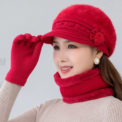 Women's winter hat and scarf set, fur-lined floral knitted hat
