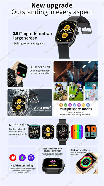 2025 Älykello 2.01" HD-näyttö – Puhelut, Viestit, Urheilutilat ja DIY-kellotaulut